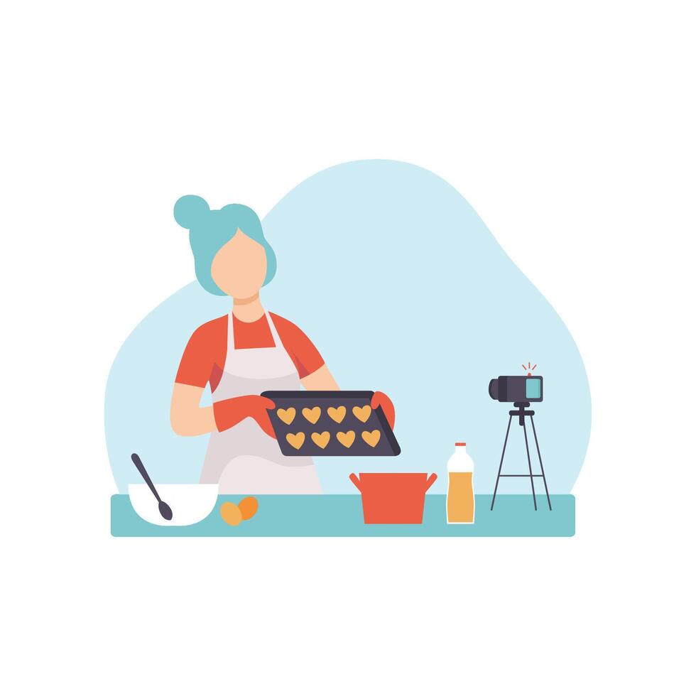 Girl Cooking at Kitchen and Recording on Camera, Young Woman Food Blogger Creating Content about Her Hobby and Posting It on Social Media Streamer Illustration vector