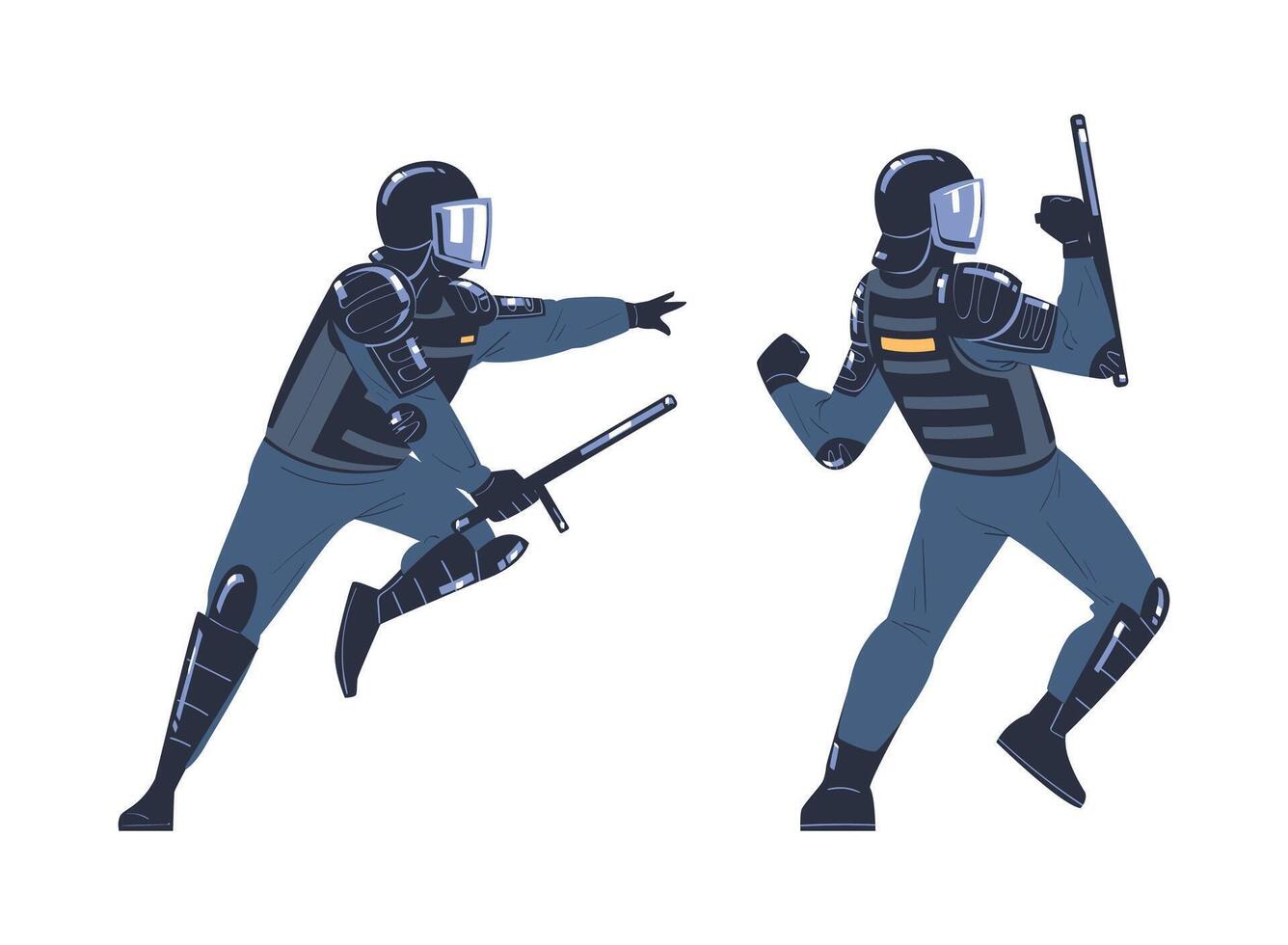 Riot Police Officer and Squad Member in Uniform and Helmet with Baton Fighting Set vector