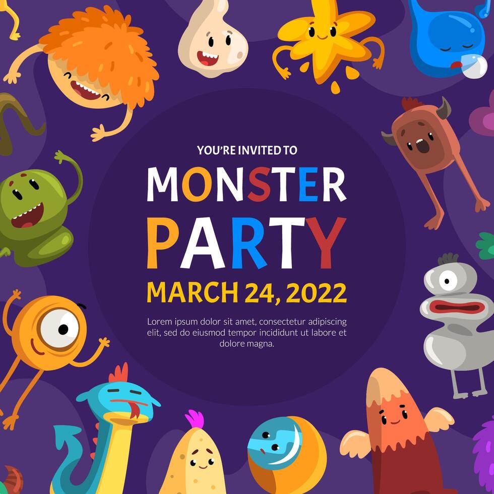 Cartoon Monster Character with Funny Face on Party Invitation Card Template vector