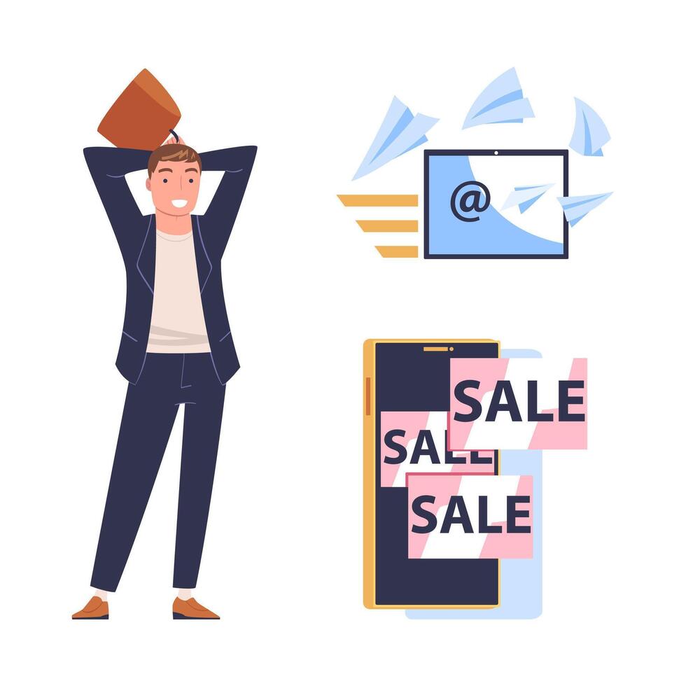 Promotion with Man Character Engaged in Marketing and Advertisement Campaign Set vector