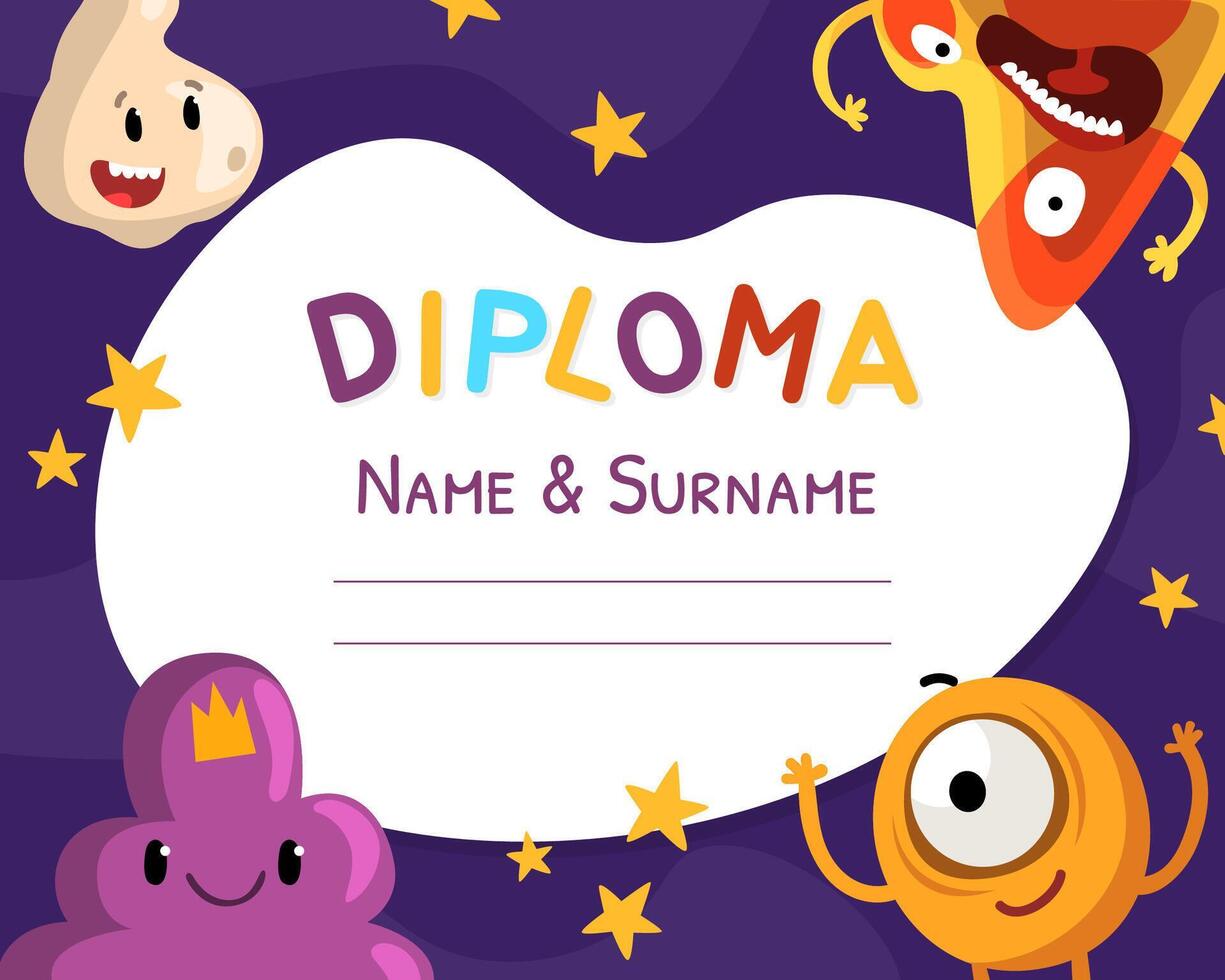 Diploma with Cartoon Monster Character with Funny Face Template vector