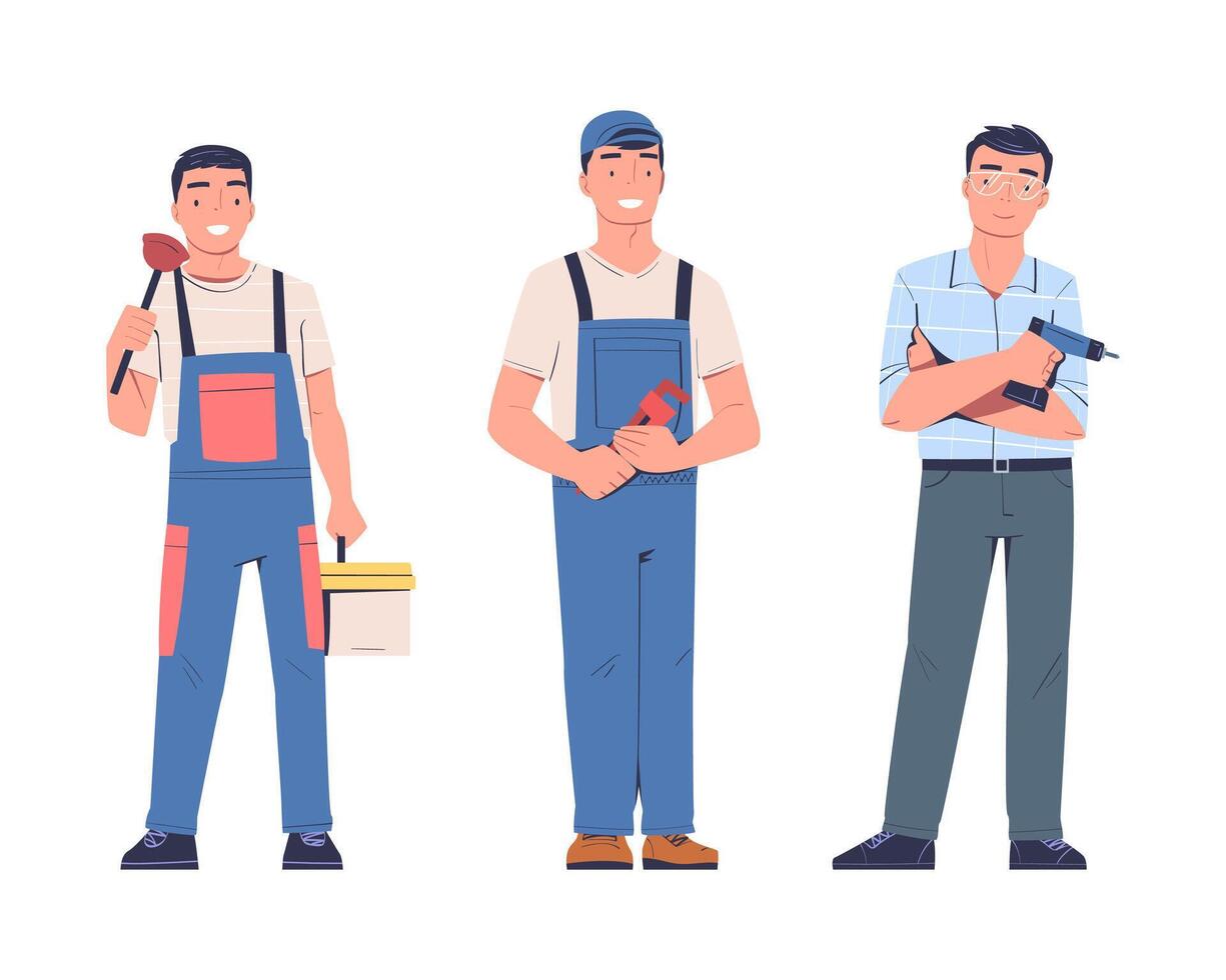 Man Plumber and Electrician in Uniform with Plunger and Toolbox Set vector