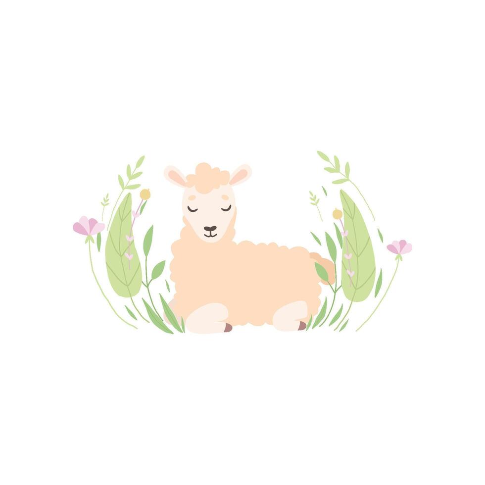Adorable Little Lamb Lying on Beautiful Spring Meadow, Cute Sheep Animal Illustration vector