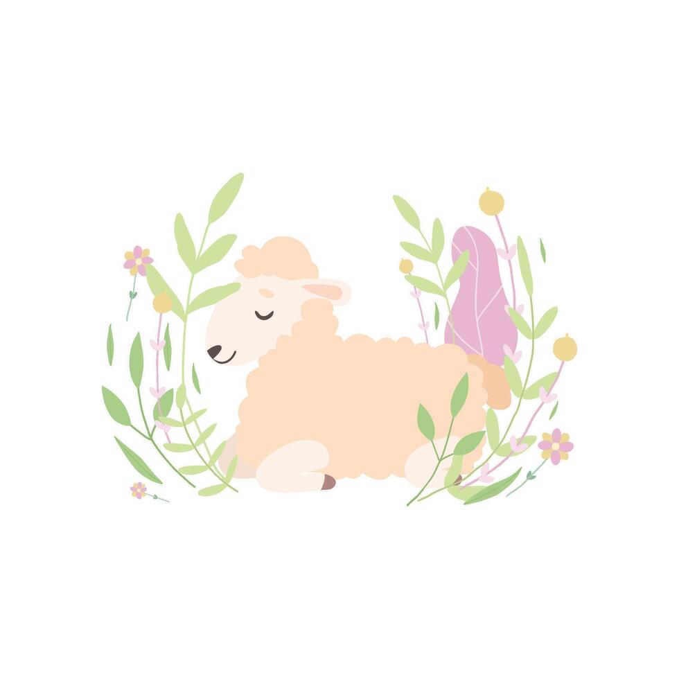 Adorable Little Lamb Lying and Sleeping on Beautiful Spring Meadow, Cute Sheep Animal Illustration vector