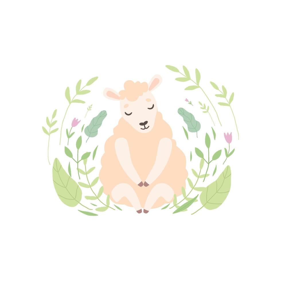 Adorable Little Lamb, Cute Sheep Animal Sitting on Beautiful Spring Meadow Illustration vector