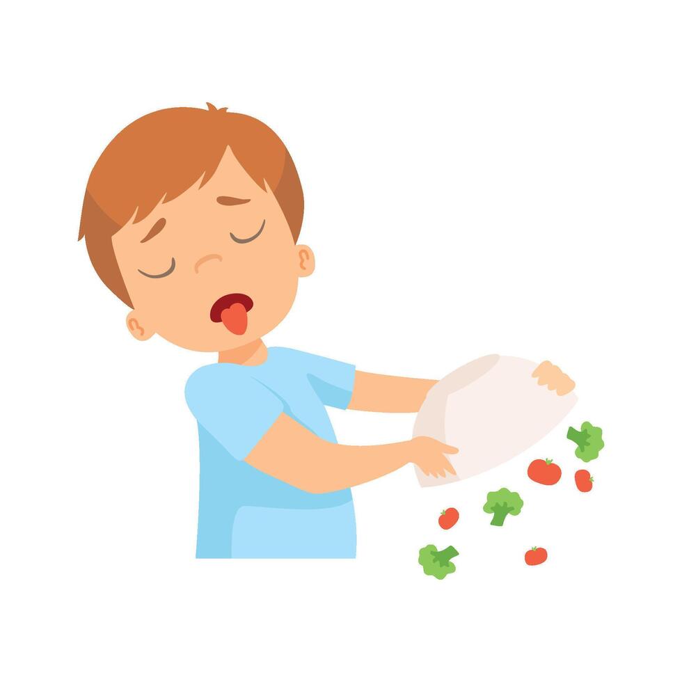 Little Boy Refusing to Eat Vegetables, Kid Does Not Like Healthy Food Illustration vector