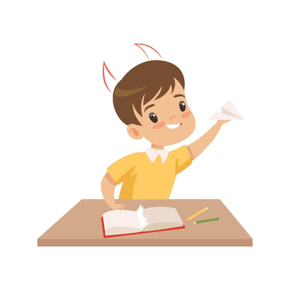 Naughty Boy Ripping Pages of Book and Doing Paper Planes, Bad Child Behavior Illustration vector