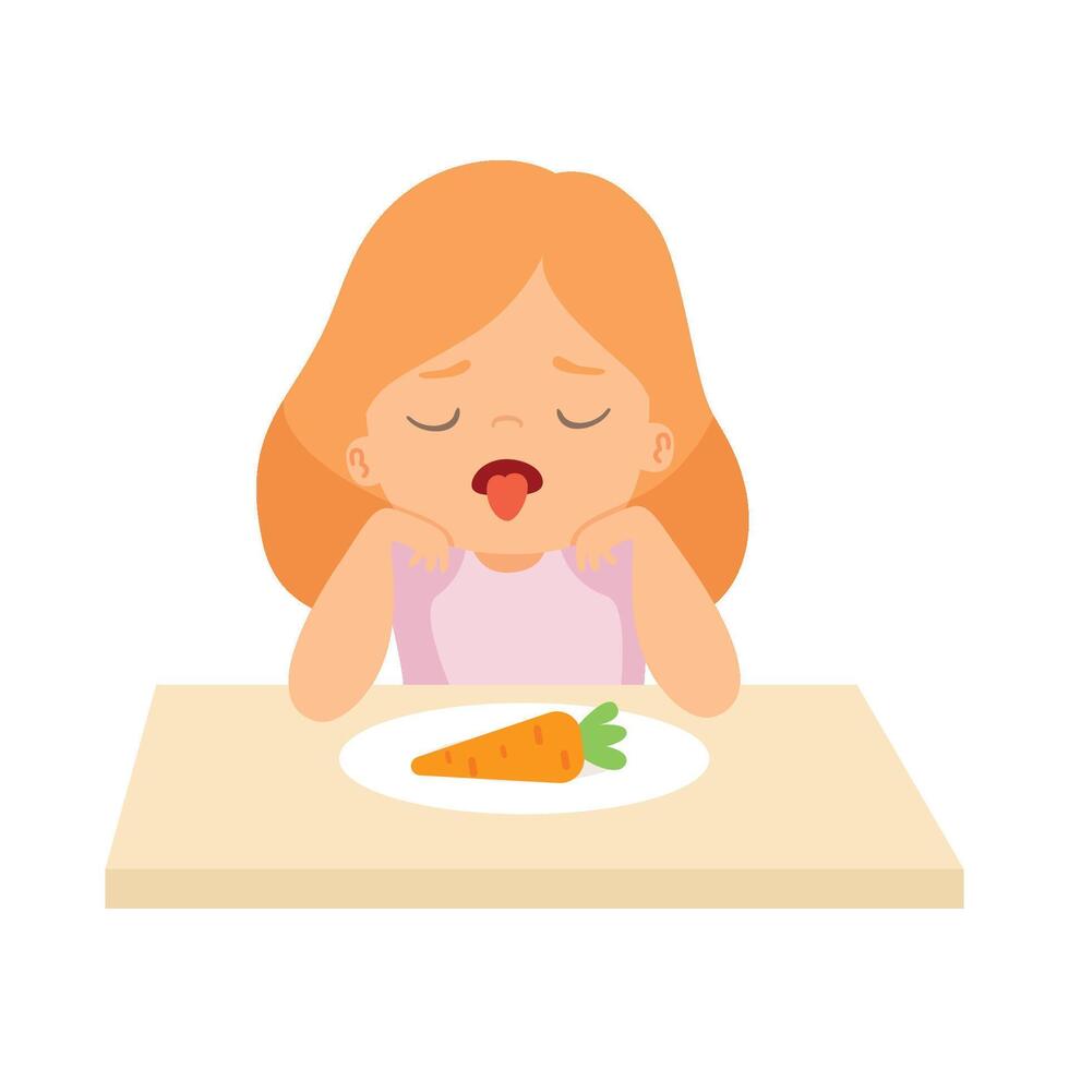 Cute Girl Does Not Want to Eat Carrot, Kid Does Not Like Vegetables Illustration vector