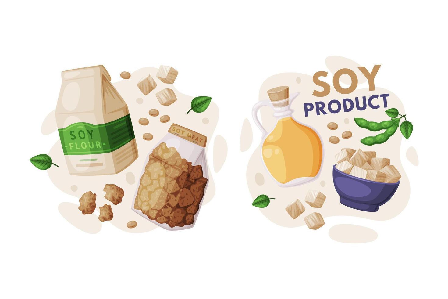 Natural Soy Products from Soybean Plant with Tofu, Oil, Meat and Flour Composition Set vector