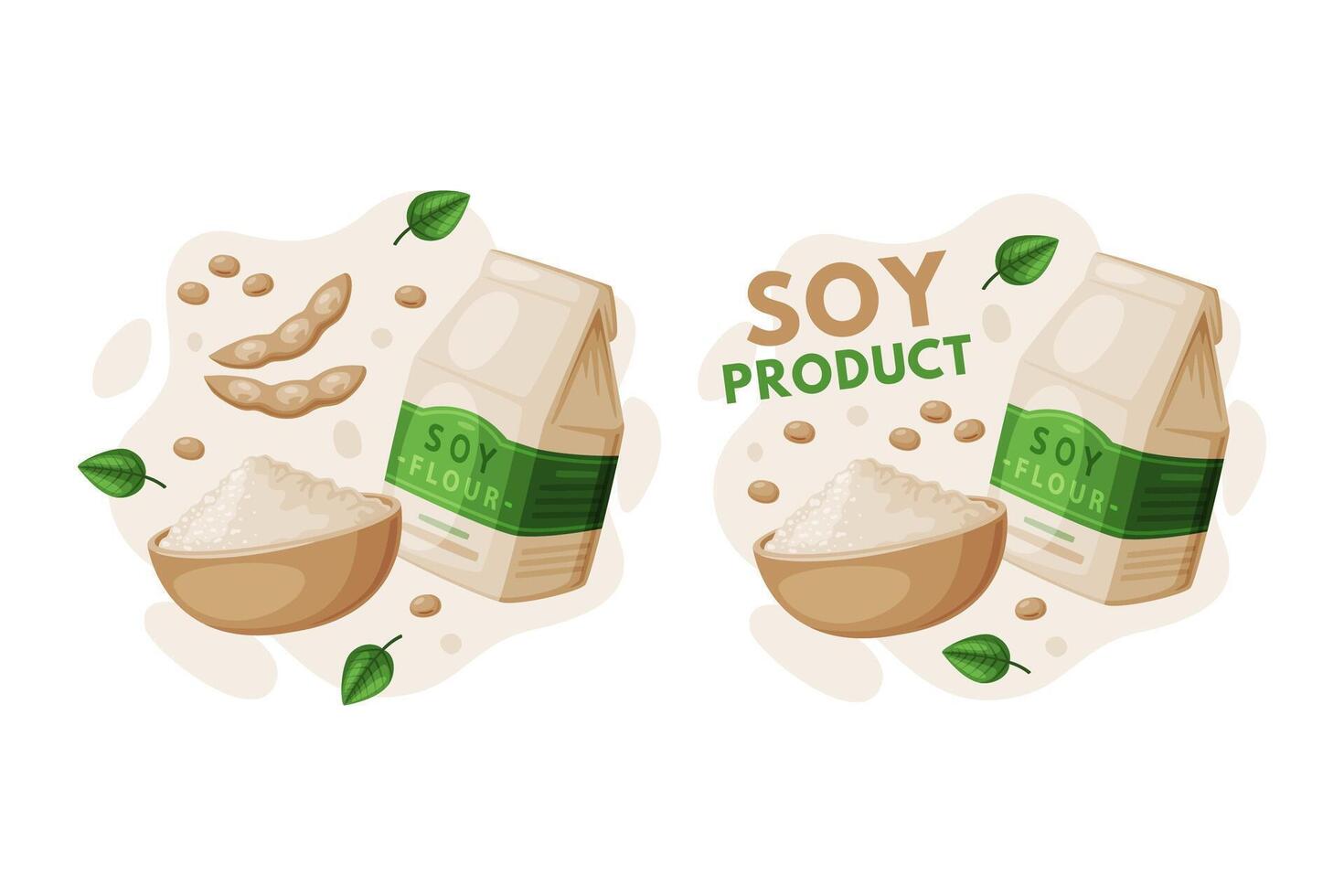 Natural Soy Products from Soybean Plant with Flour Package and Pod Composition Set vector