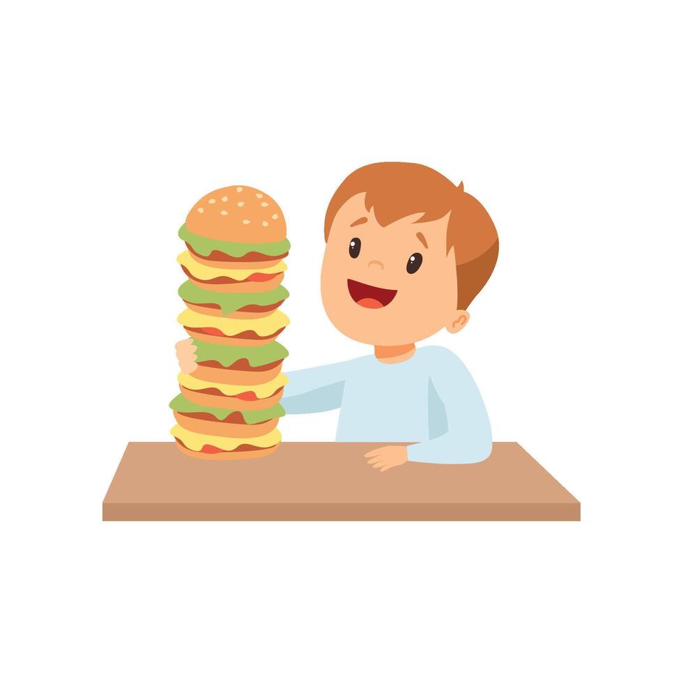 Cute Happy Boy with Giant Burger, Kid Enjoying Eating of Fast Food Illustration vector