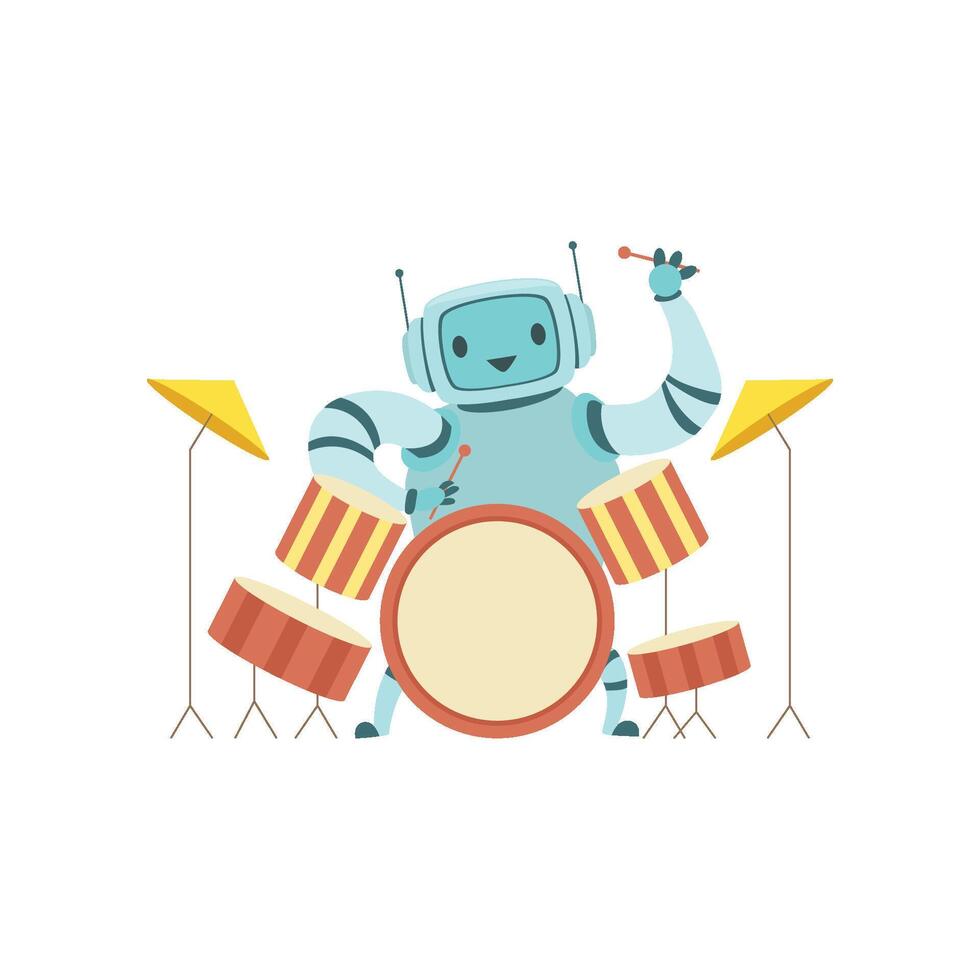 Cute Robot Musician Playing Drums Musical Instruments Illustration vector