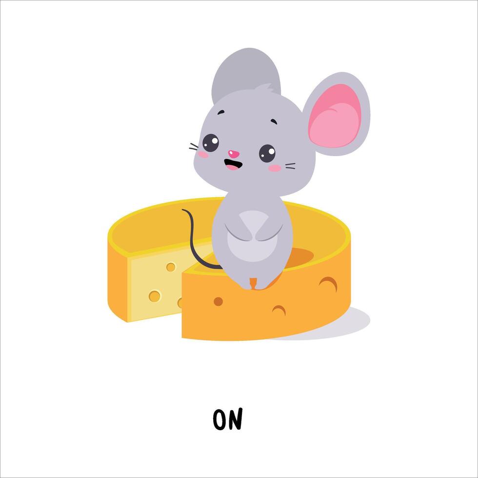 Little Mouse Sitting on Yellow Cheese as English Language Preposition for Educational Activity Illustration vector