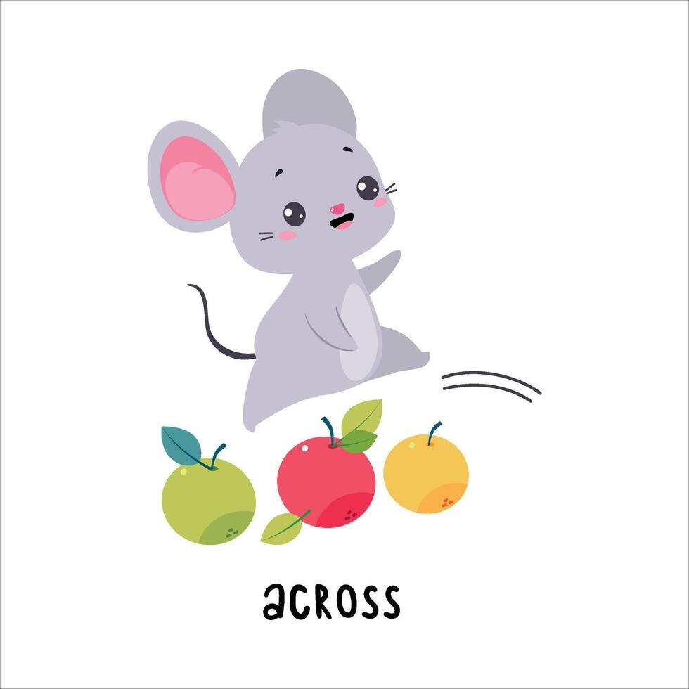 Little Mouse Jumping Across Apple as English Language Preposition for Educational Activity Illustration vector