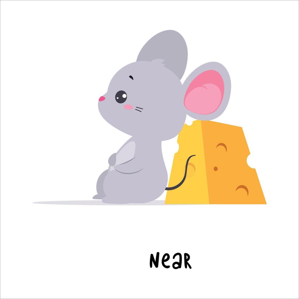 Little Mouse Sitting Near Yellow Cheese Slab as English Language Preposition for Educational Activity Illustration vector