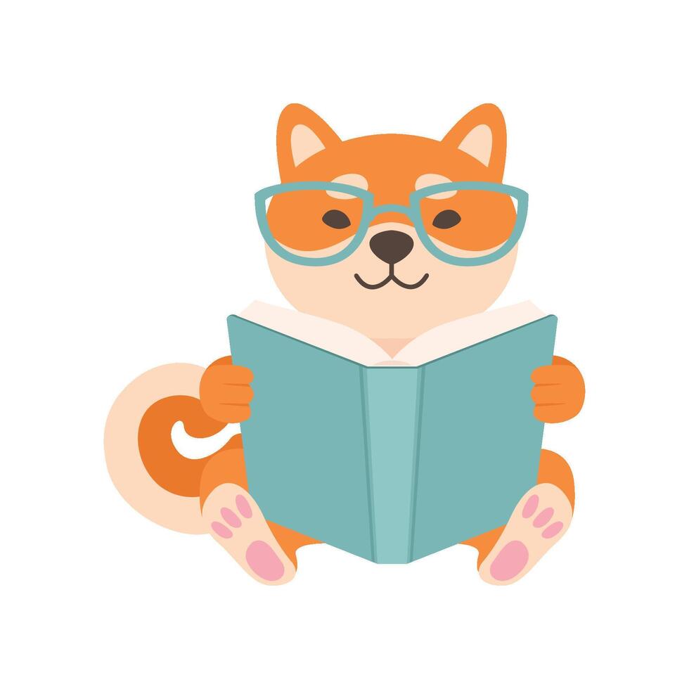 Shiba Inu Dog in Glasses Reading Book, Cute Funny Japan Pet Animal Cartoon Character Illustration vector