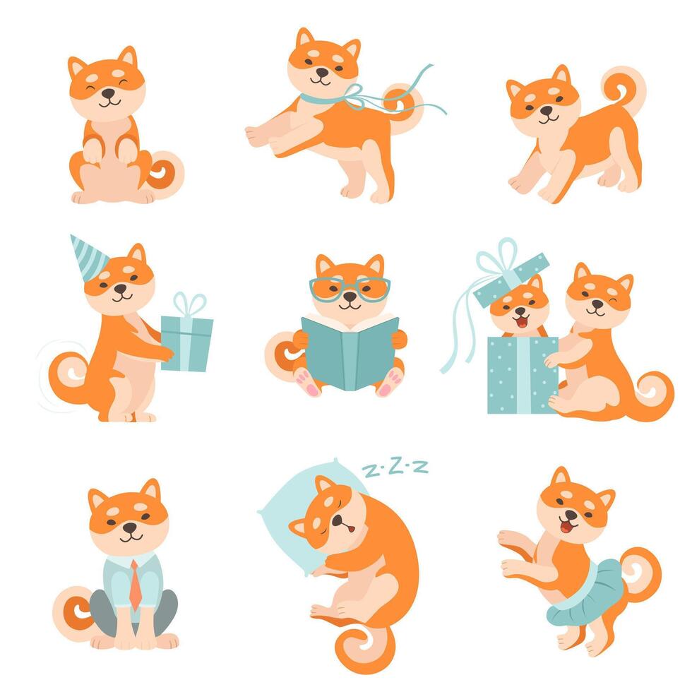 Shiba Inu Dogs in Different Situations Set, Adorable Japan Pets Animals Cartoon Characters Illustration vector