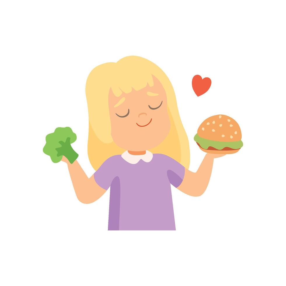 Girl Holding Burger and Broccoli in Her Hands, Girl Preferring to Eat Fast Food Illustration vector
