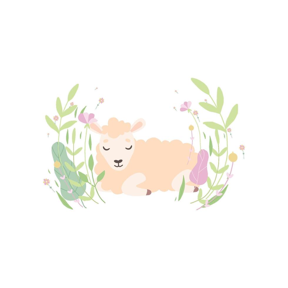 Cute Little Lamb, Adorable Sheep Animal Lying on Spring Meadow Illustration vector