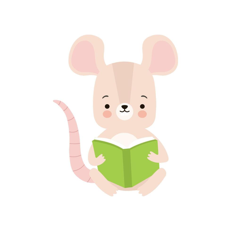Cute Mouse Reading Book, Adorable Smart Animal Character Sitting with Book Illustration vector