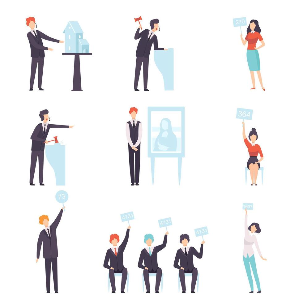 Auction Public Sale Set, People Bidding and Bying Goods and Property, Auctioneer Announcing Prices with Gavel Illustration vector