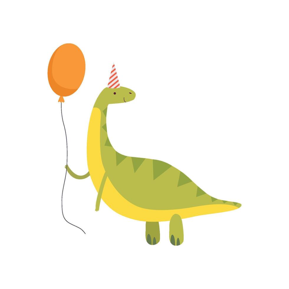 Cute Dinosaur in Party Hat with Red Balloon, Funny Green Dino Character, Happy Birthday Party Design Element Illustration vector