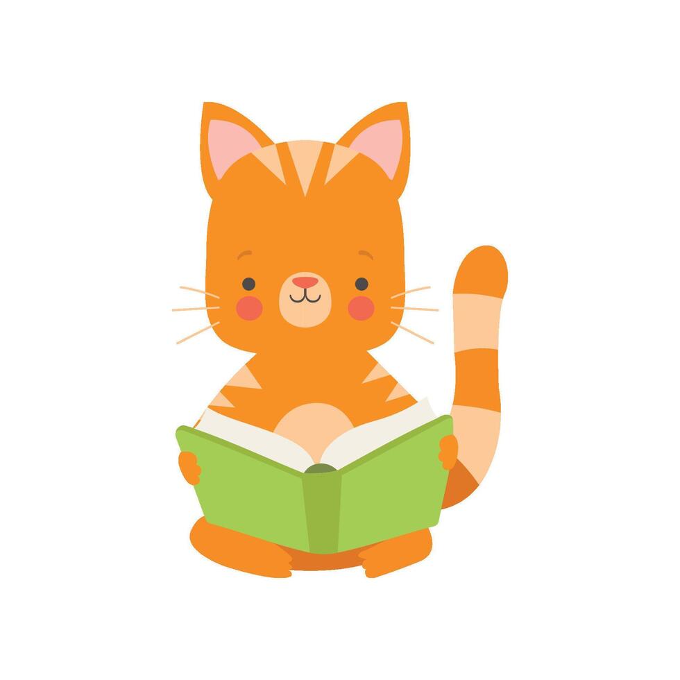 Cute Red Cat Reading Book, Adorable Smart Pet Animal Character Sitting with Book Illustration vector