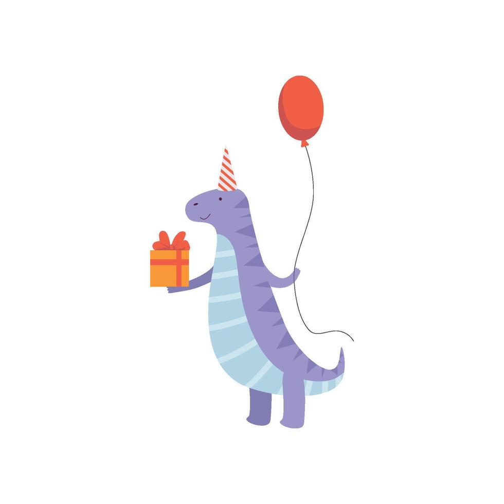 Cute Dinosaur in Party Hat with Gift Box and Balloon, Funny Blue Dino Character, Happy Birthday Party Design Element Illustration vector