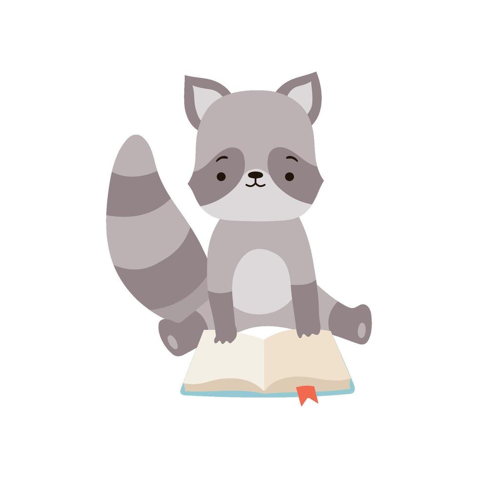 Cute Raccoon Reading Book, Adorable Smart Animal Character Sitting with Book Illustration vector