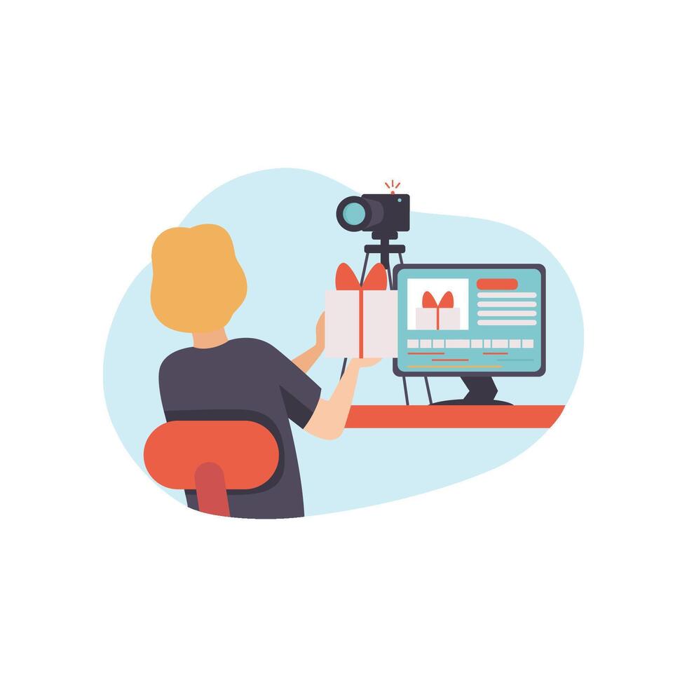 Male Blogger Reviewing Purchases, Young Man Creating Content and Posting It on Social Media, Online Channel Concept Illustration vector