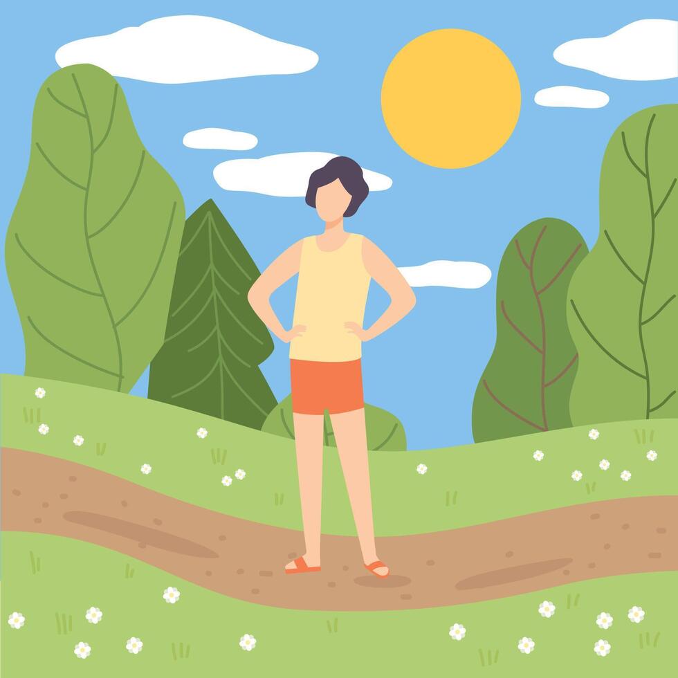 Young Man Relaxing in Park, Guy Standing on Summer Season Background Illustration vector