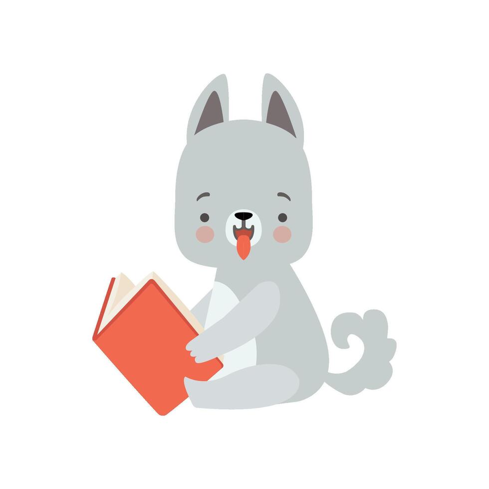 Cute Wolf Cub Reading Book, Adorable Smart Animal Character Sitting with Book Illustration vector