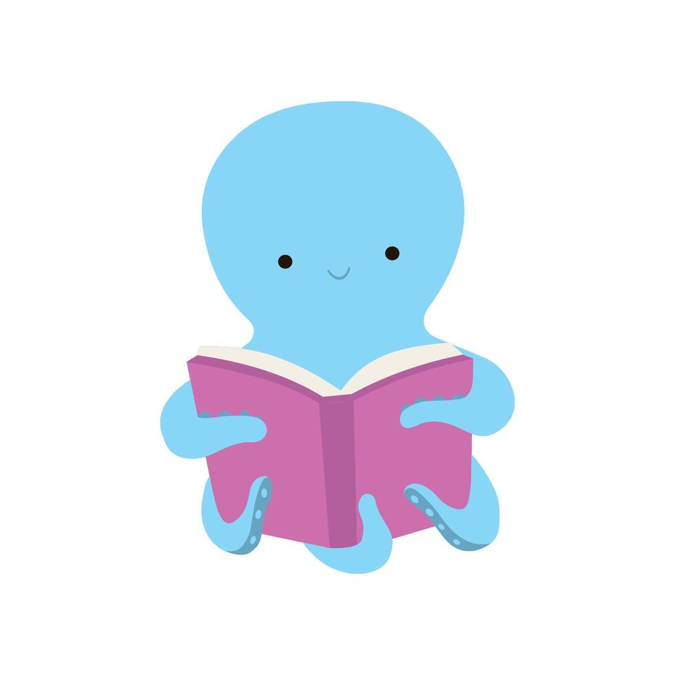 Cute Octopus Reading Book, Adorable Smart Sea Creature Character Sitting with Book Illustration vector