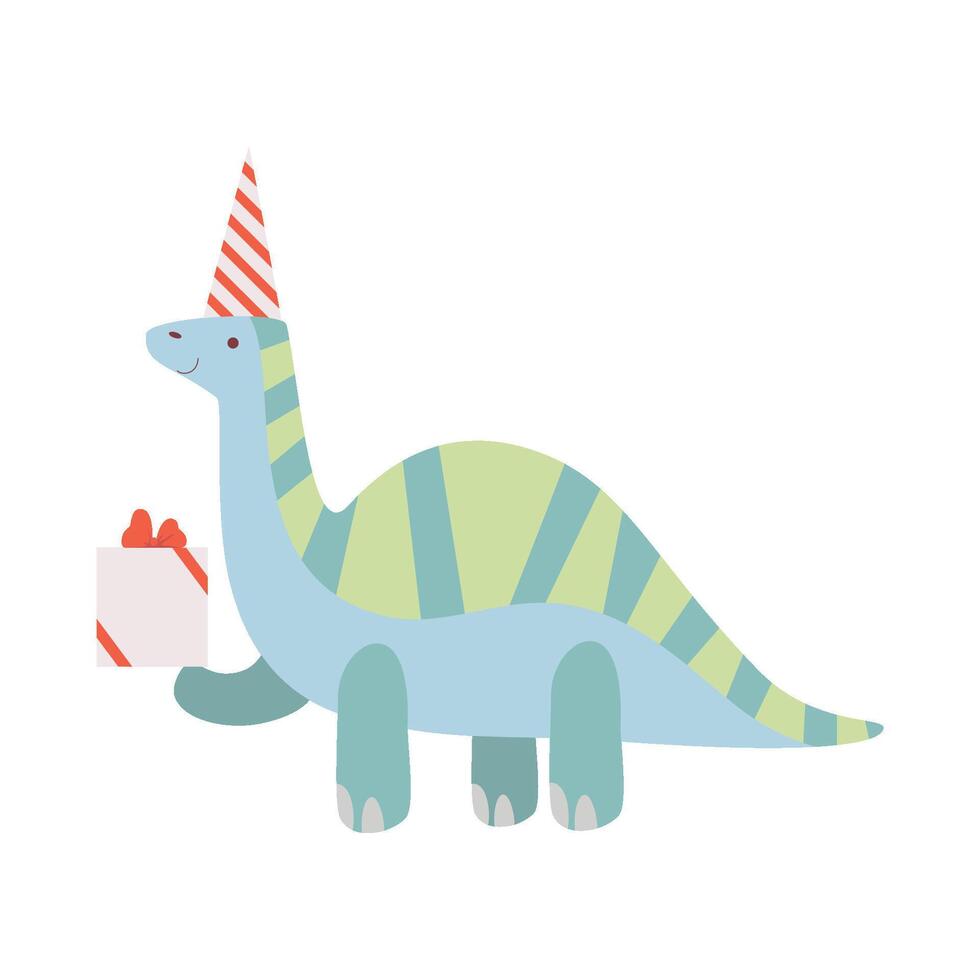 Dinosaur in Party Hat, Cute Dino Character with Gift Box, Happy Birthday Party Design Element Illustration vector