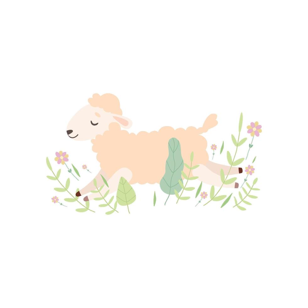 Adorable Little Lamb Sleeping, Cute Sheep Animal Lying on Green Meadow Illustration vector