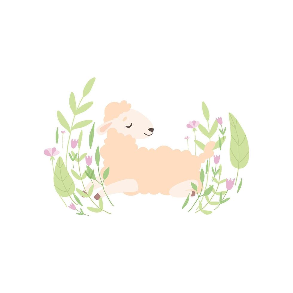 Adorable Little Lamb, Cute Sheep Animal Lying on Beautiful Spring Meadow Illustration vector