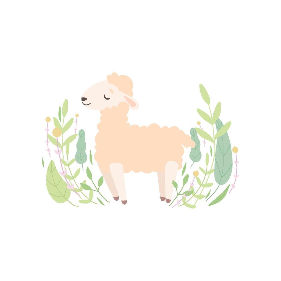 Cute Little Lamb Standing on Meadow, Adorable Sheep Animal Illustration vector