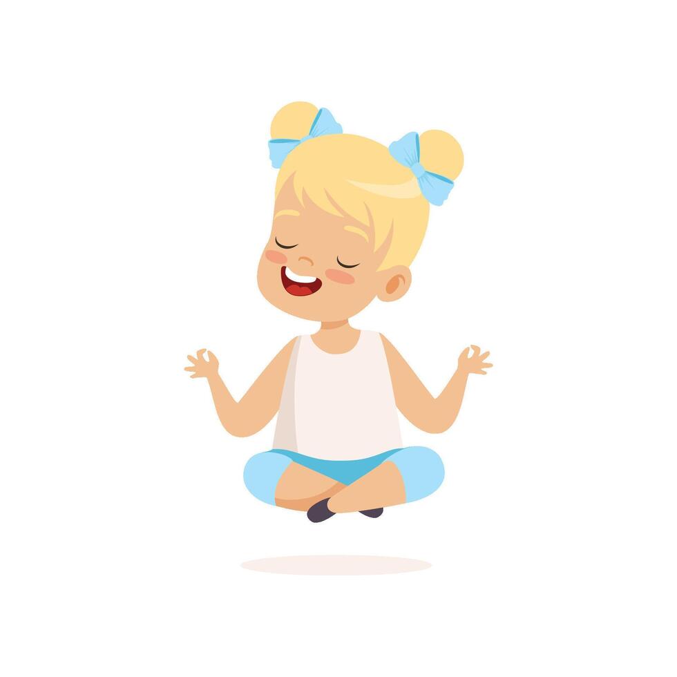 Cute Little Smiling Girl Sitting in Lotus Position and Meditating Illustration vector