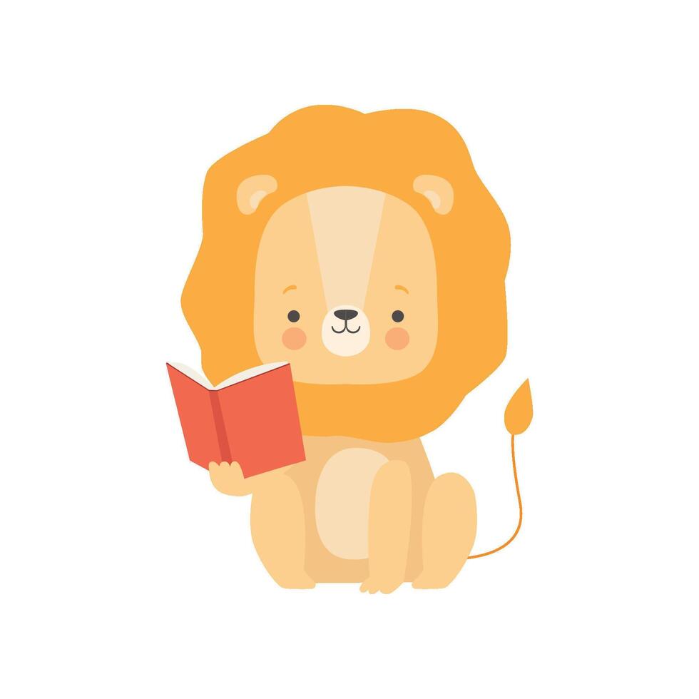 Cute Lion Reading Book, Adorable Smart Animal Character Sitting with Book Illustration vector