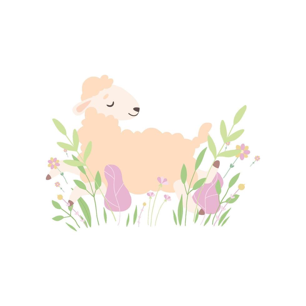 Cute Little Lamb Lying on Spring Meadow, Adorable Sheep Animal Illustration vector