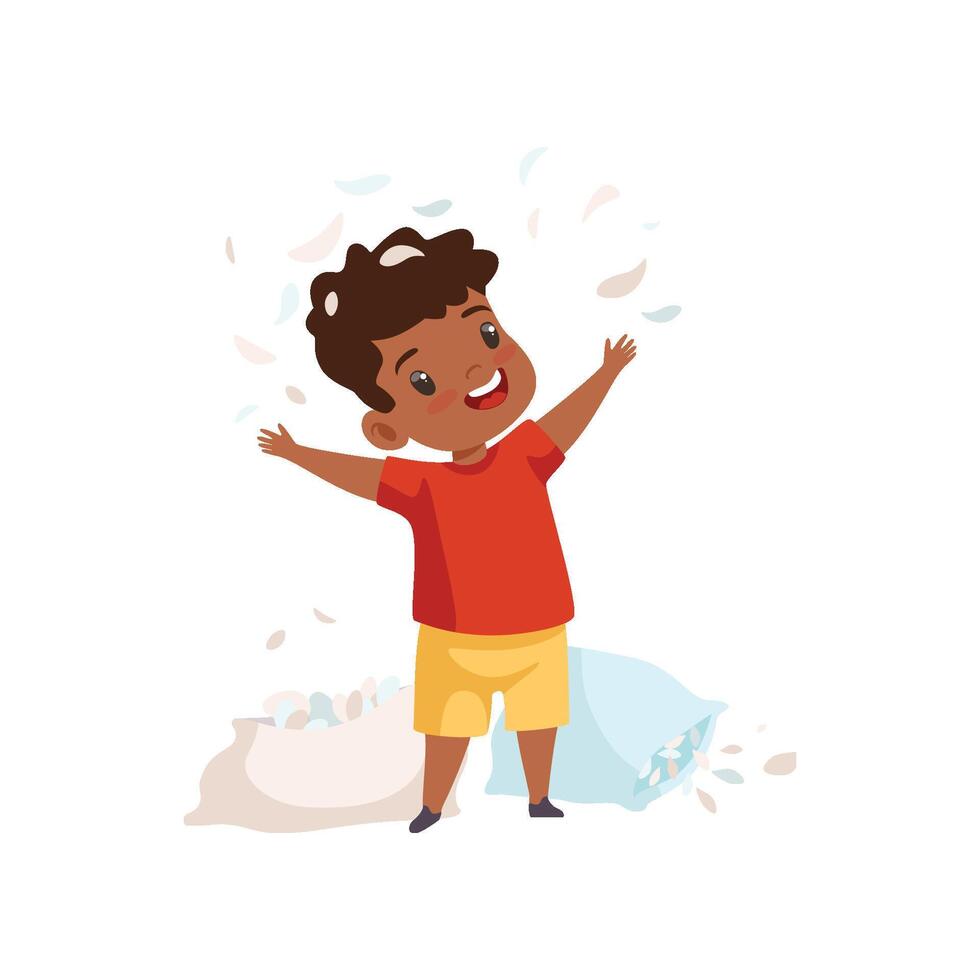 Little Boy Playing with Pillows, Feathers Flying Around Him, Cute Naughty Kid, Bad Child Behavior Illustration vector