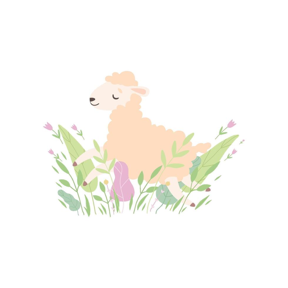 Adorable Little Lamb, Cute Sheep Animal Lying on Spring Meadow Illustration vector