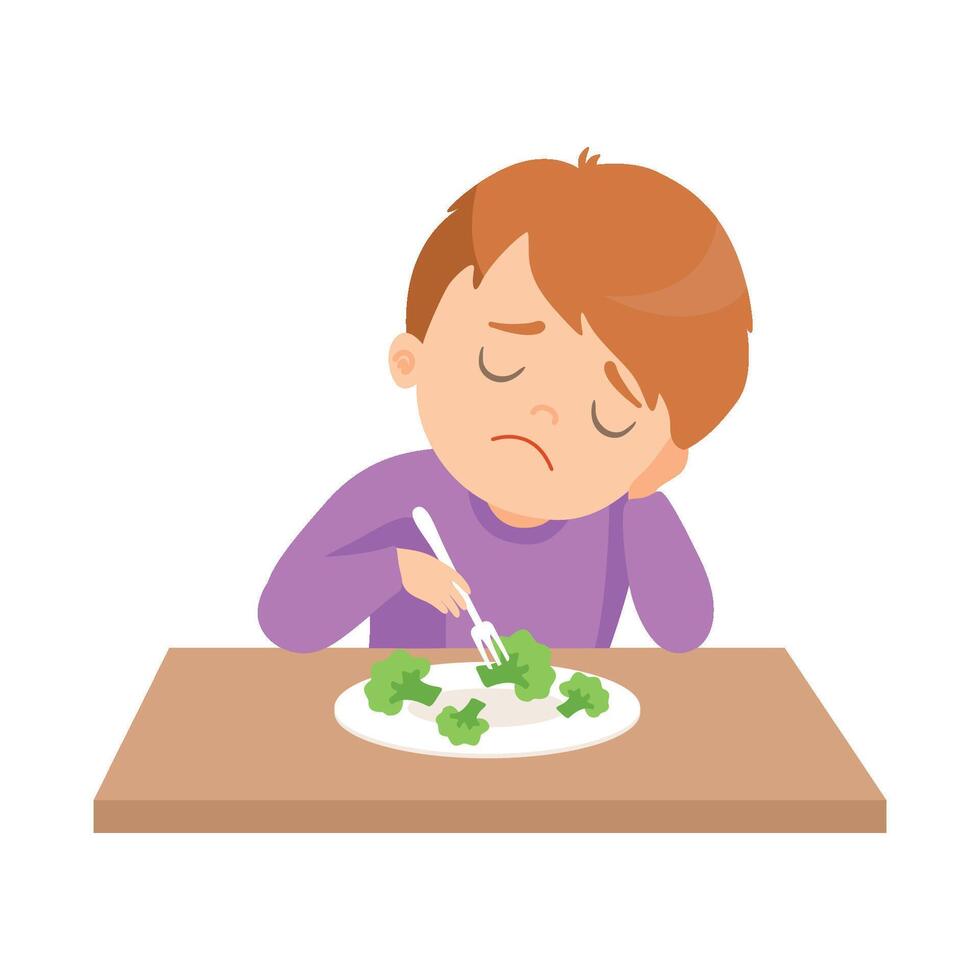 Cute Boy Does Not Want to Eat Broccoli, Kid Does Not Like Vegetables Illustration vector