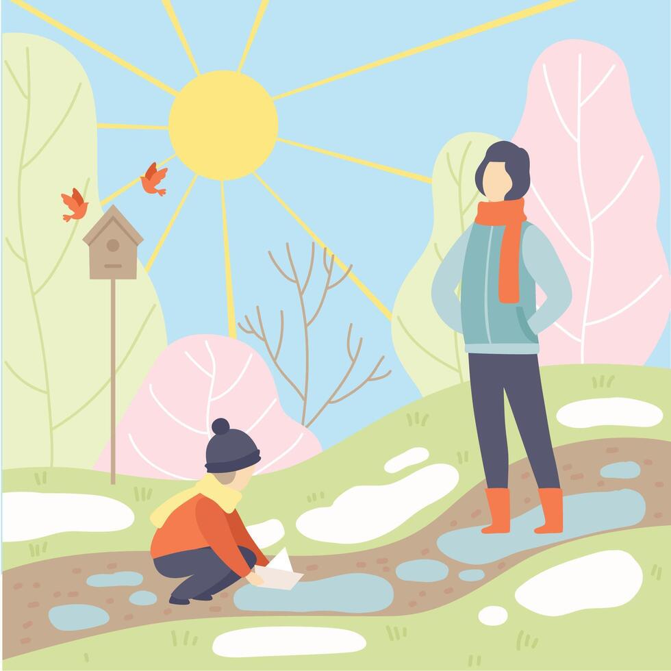 Father and His Son Walking in Spring Park, Season Change From Winter to Spring Illustration vector