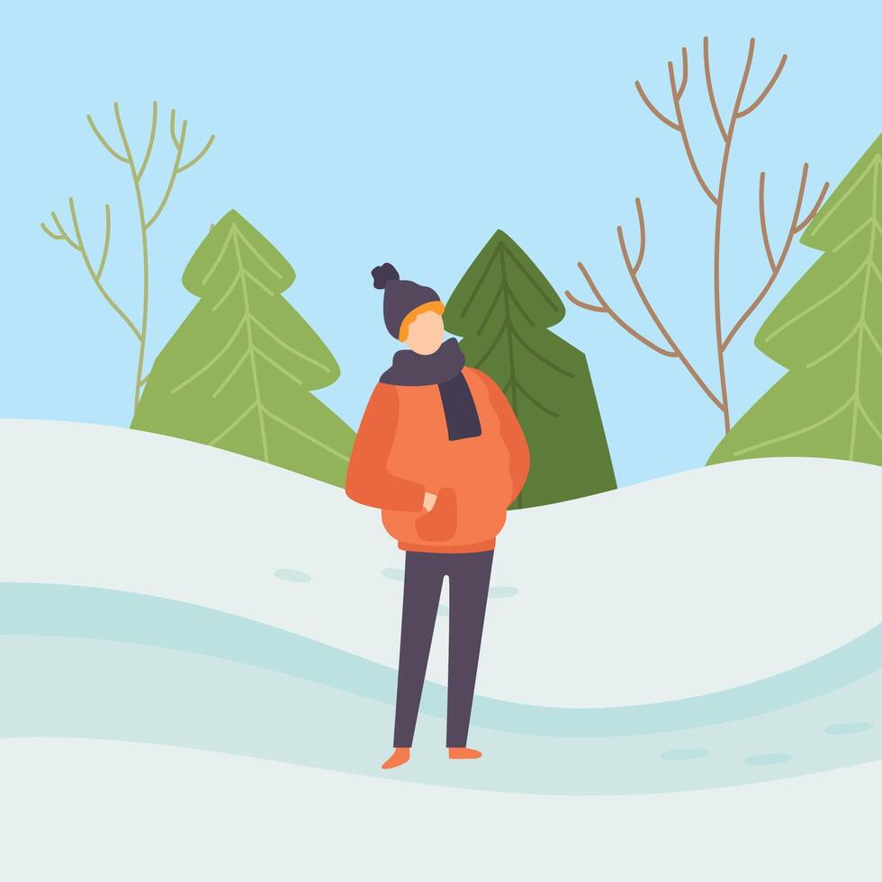 Boy Wearing Warm Clothes on Background of Winter Landscape Illustration vector