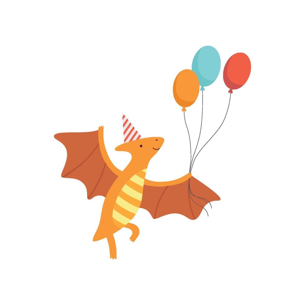 Cute Pteranodon Dinosaur in Party Hat Flying ith Balloons, Funny Colorful Dino Character, Happy Birthday Party Design Element Illustration vector
