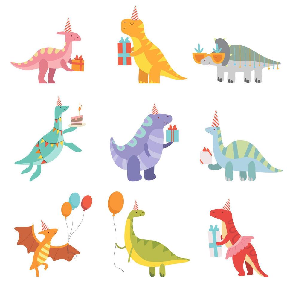 Collection of Cute Dinosaurs in Party Hats with Gift Boxes, Funny Blue Dino Characters, Happy Birthday Party Design Elements Illustration vector