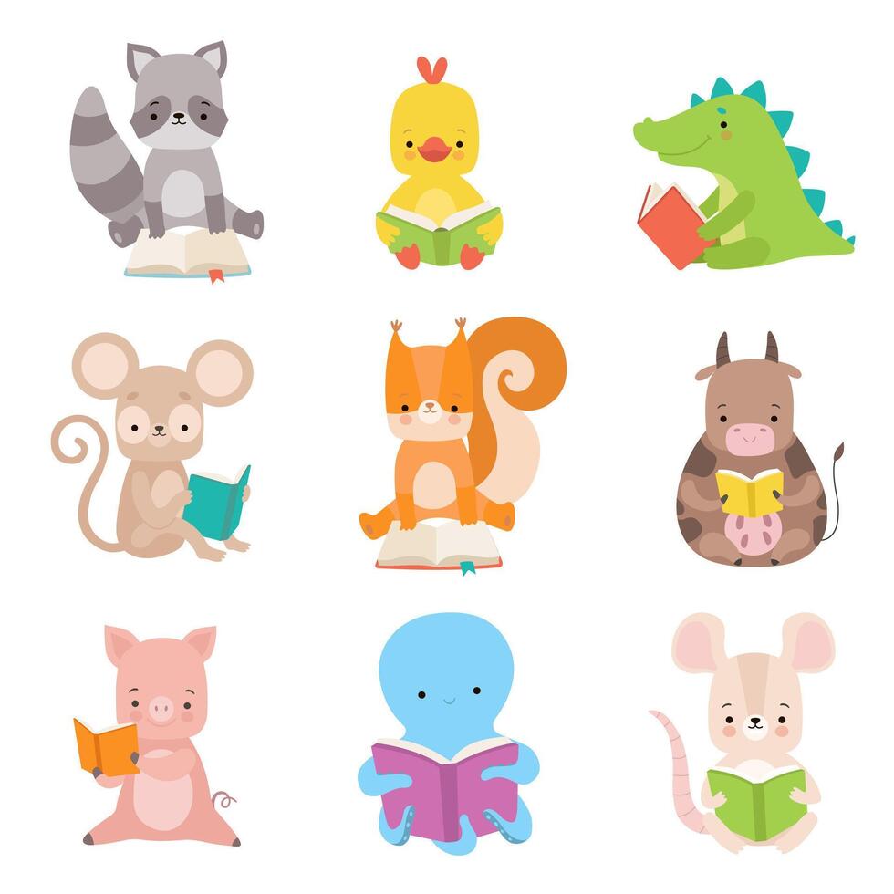 Cute Animals Characters Reading Books Set, Adorable Smart Octopus, Cow, Piglet, Squirrel, Crocodile, Chicken, Raccoon, Mouse Sitting with Books Illustration vector