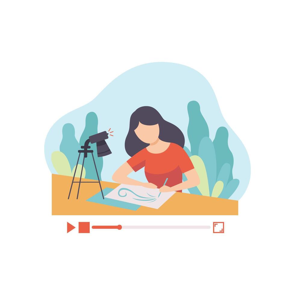 Girl Drawing Picture, Young Woman Blogger Creating Content about Her Hobby and Posting It on Social Media, Online Channel Concept Illustration vector
