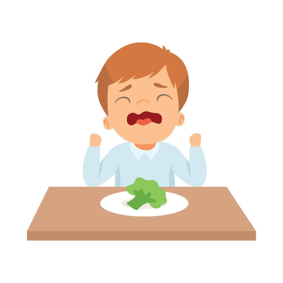 Crying Little Boy Refusing to Eat Broccoli, Kid Does Not Like Healthy Food Illustration vector